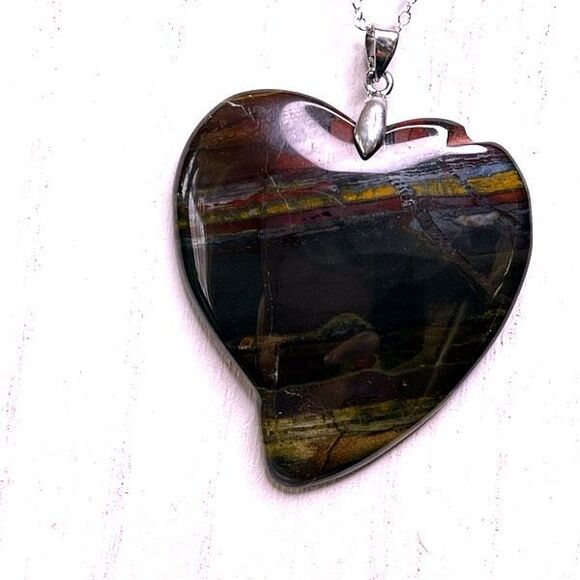 Iron Tiger hematite large 2” heart pendant silver plated 20” chain necklace hand - Picture 1 of 10